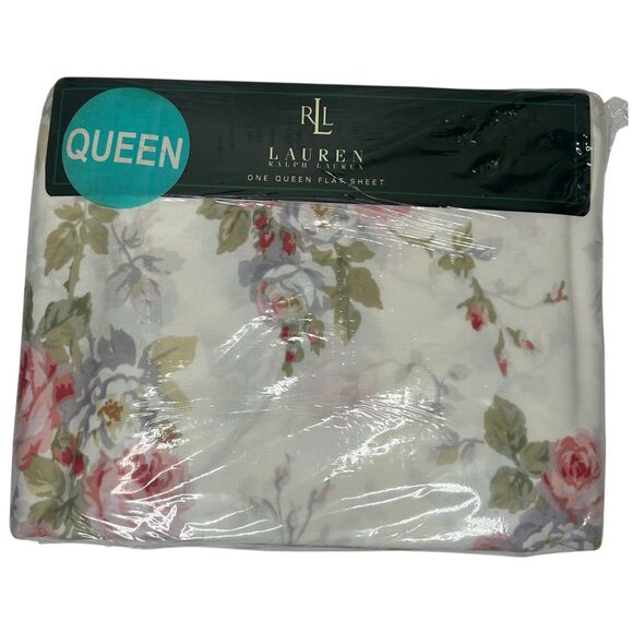 New Ralph Lauren Shabby Cottage FAYE Ivory Pink Rose Floral Flat Sheet - Queen - Picture 1 of 7